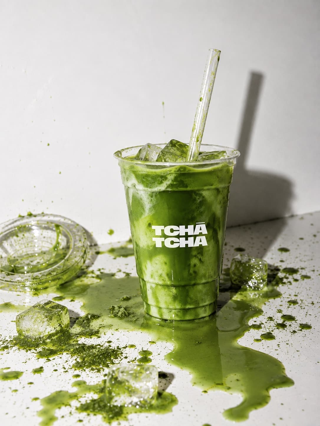 Copo de matcha gelado Tchá Tchá com gelo e matcha derramado à volta