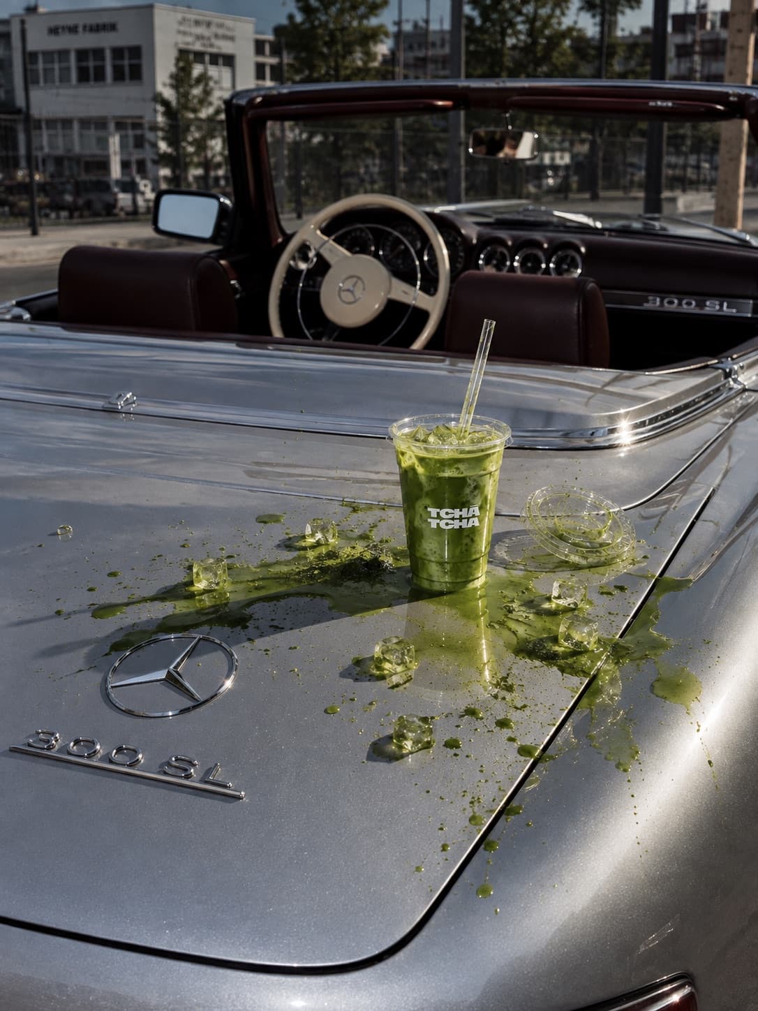Copo de matcha gelado sobre o capô de um Mercedes 300 SL, com matcha entornado