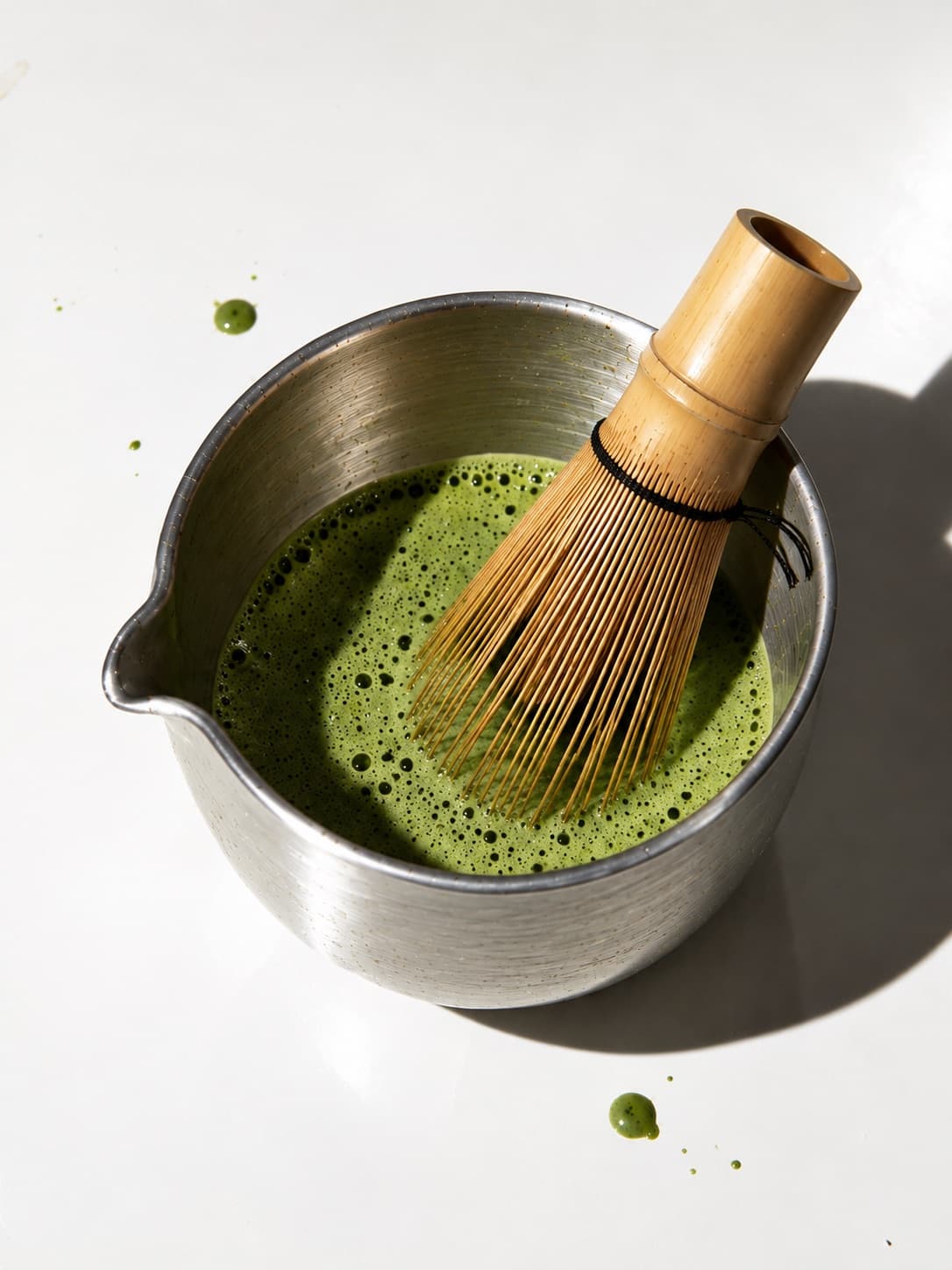 Tigela de aço com matcha batido e um chasen de bambu